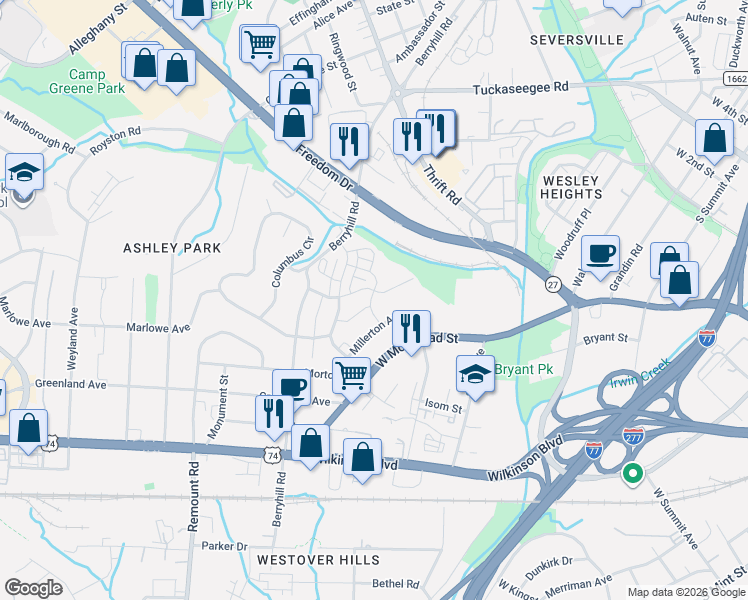 map of restaurants, bars, coffee shops, grocery stores, and more near 1847 Evergreen Drive in Charlotte