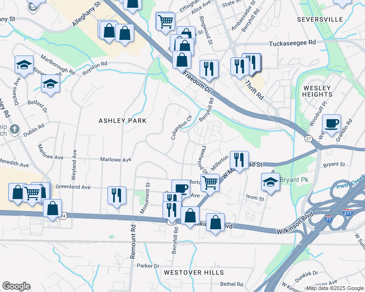 map of restaurants, bars, coffee shops, grocery stores, and more near 1813 Berryhill Road in Charlotte