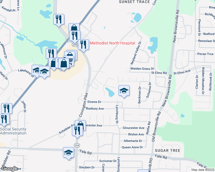 map of restaurants, bars, coffee shops, grocery stores, and more near 3840 Covington Pike in Memphis