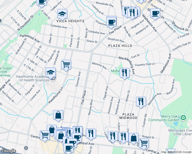 map of restaurants, bars, coffee shops, grocery stores, and more near 1724 Belvedere Avenue in Charlotte
