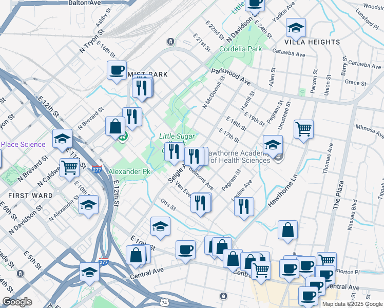 map of restaurants, bars, coffee shops, grocery stores, and more near 1115 Seigle Avenue in Charlotte