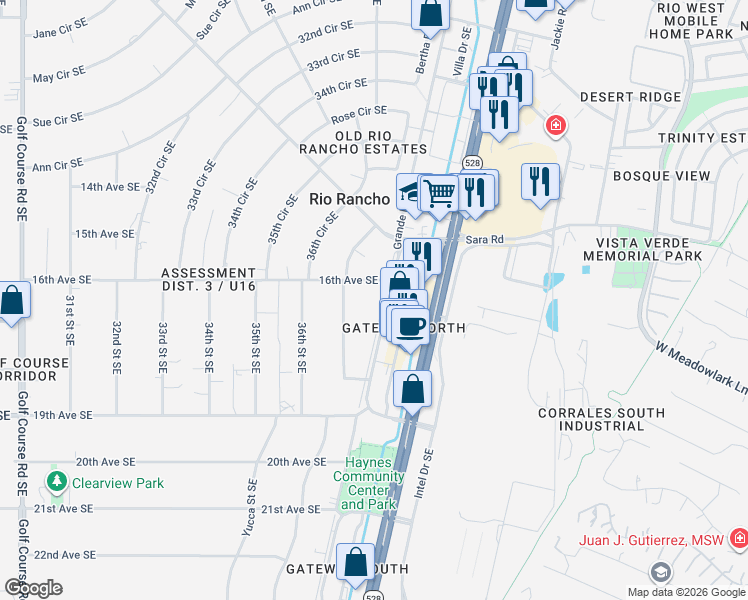 map of restaurants, bars, coffee shops, grocery stores, and more near 1609 Grande Boulevard Southeast in Rio Rancho