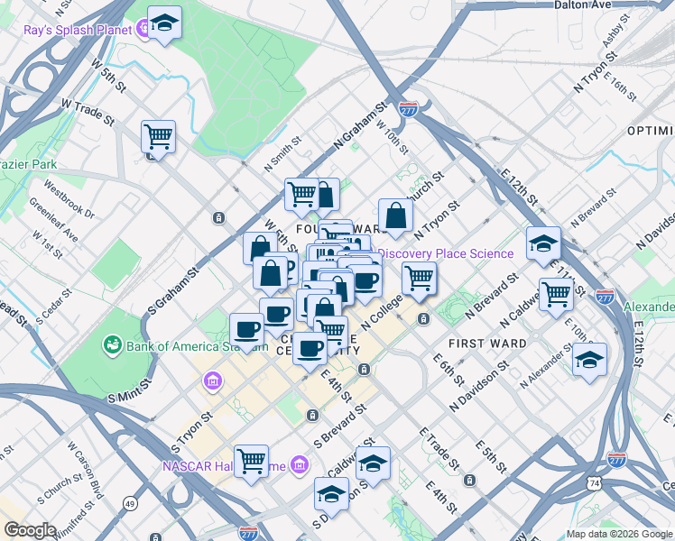 map of restaurants, bars, coffee shops, grocery stores, and more near in Charlotte