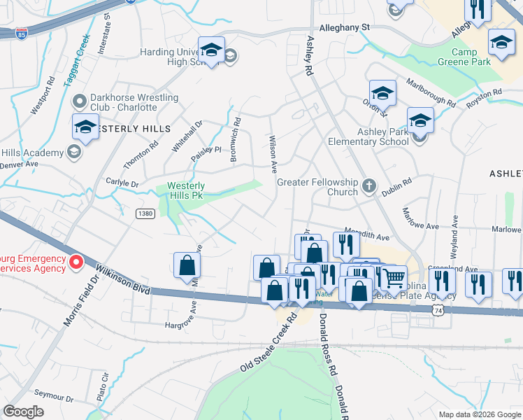 map of restaurants, bars, coffee shops, grocery stores, and more near 3613 Beaux Street in Charlotte