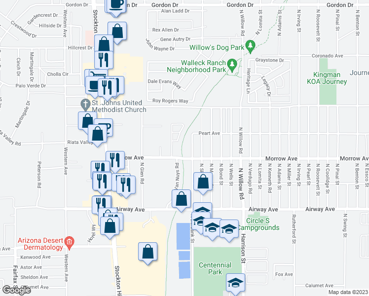 map of restaurants, bars, coffee shops, grocery stores, and more near 3641 North Burbank Street in Kingman