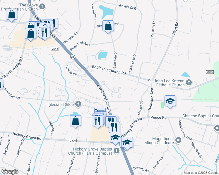 map of restaurants, bars, coffee shops, grocery stores, and more near 6227 Windsor Gate Lane in Charlotte