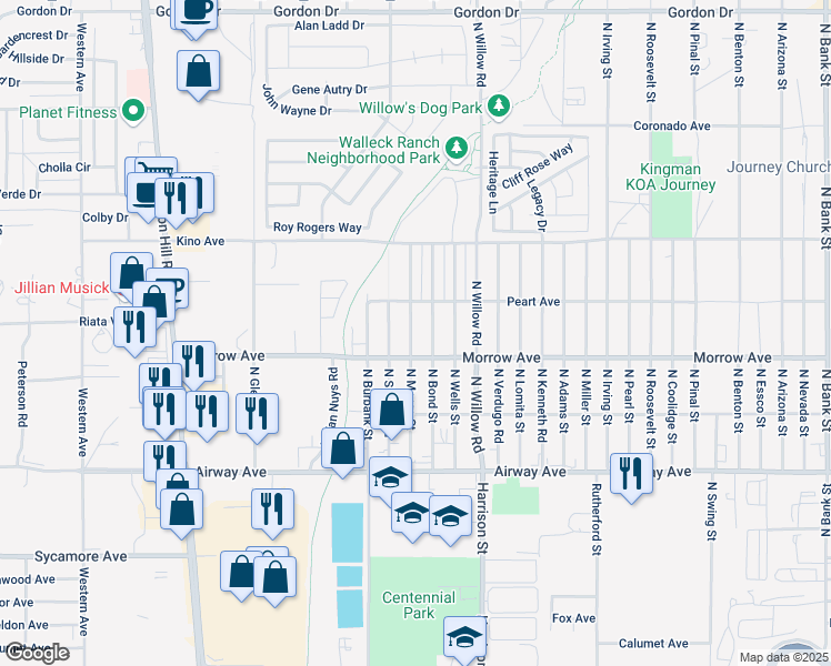 map of restaurants, bars, coffee shops, grocery stores, and more near 3650 North Moore Street in Kingman