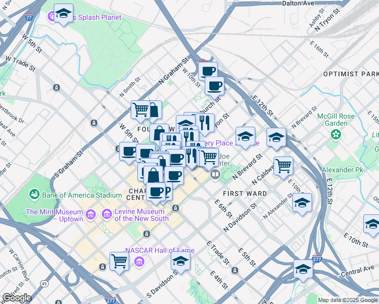 map of restaurants, bars, coffee shops, grocery stores, and more near 330 North Tryon Street in Charlotte
