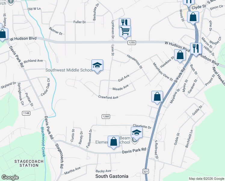 map of restaurants, bars, coffee shops, grocery stores, and more near 2856 Meade Avenue in Gastonia