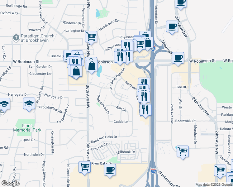map of restaurants, bars, coffee shops, grocery stores, and more near 816 Ash Court in Norman