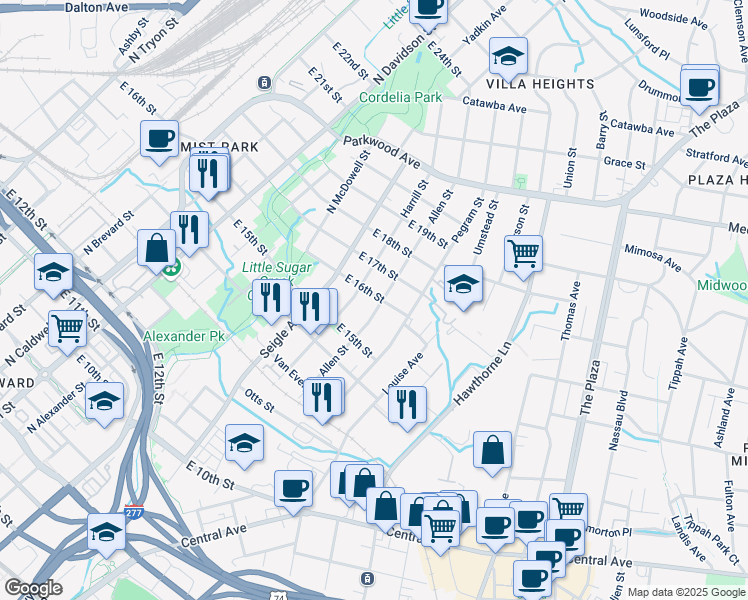 map of restaurants, bars, coffee shops, grocery stores, and more near 1237 Allen Street in Charlotte