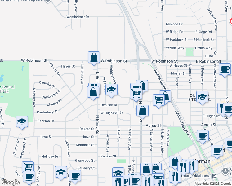 map of restaurants, bars, coffee shops, grocery stores, and more near 817 Denison Drive in Norman