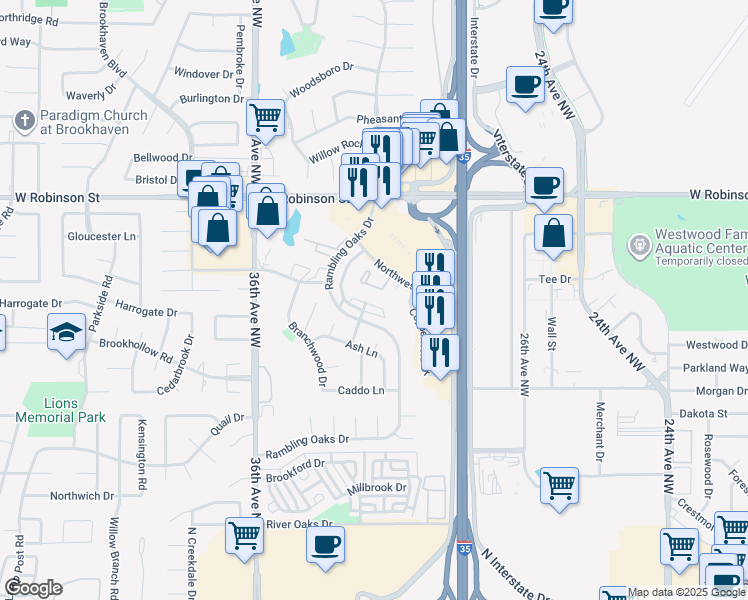 map of restaurants, bars, coffee shops, grocery stores, and more near 3212 Barley Court in Norman