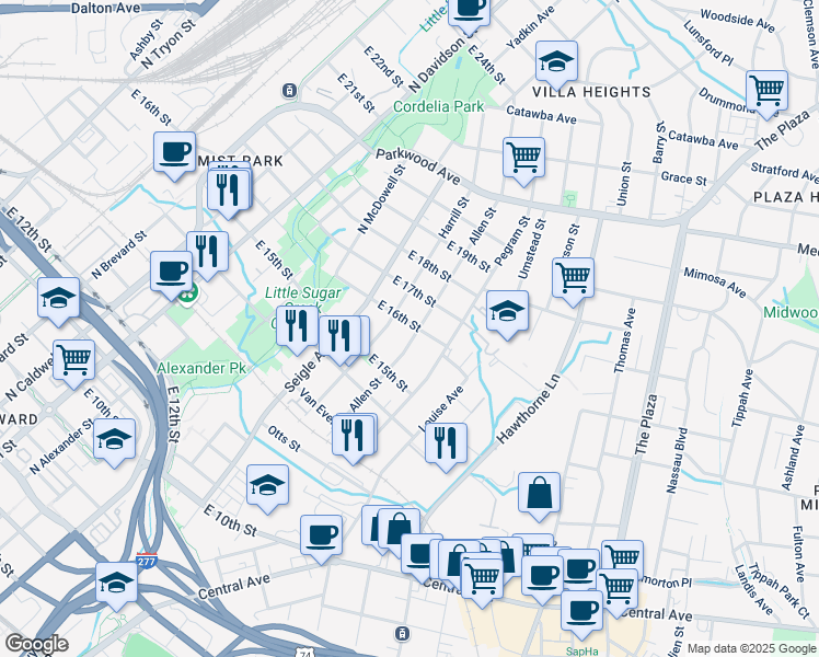 map of restaurants, bars, coffee shops, grocery stores, and more near 1237 Allen Street in Charlotte