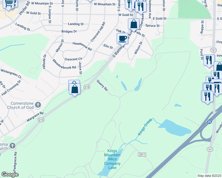 map of restaurants, bars, coffee shops, grocery stores, and more near 103 Wells Street in Kings Mountain