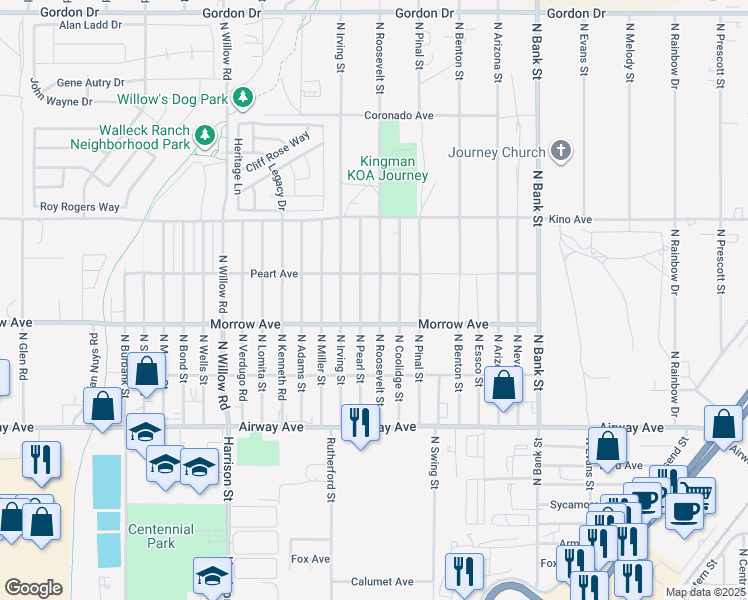 map of restaurants, bars, coffee shops, grocery stores, and more near 3640 North Roosevelt Street in Kingman