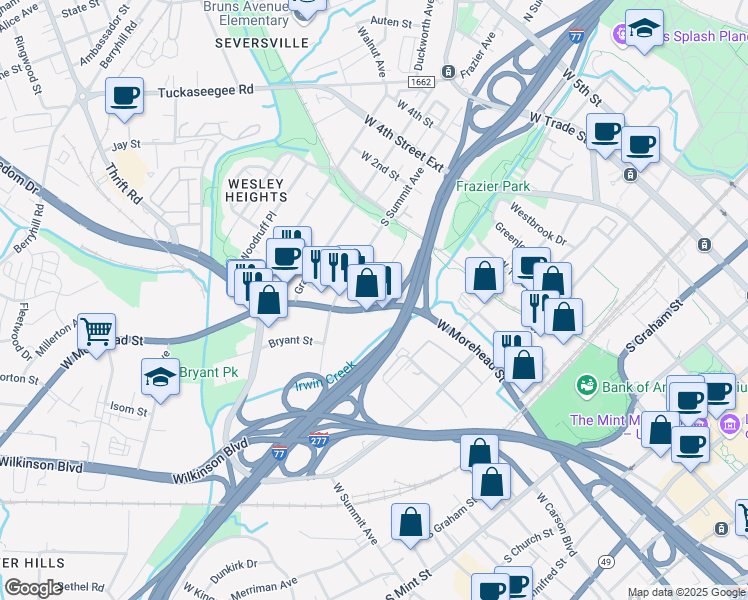 map of restaurants, bars, coffee shops, grocery stores, and more near 1227 West Morehead Street in Charlotte