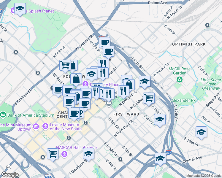 map of restaurants, bars, coffee shops, grocery stores, and more near in Charlotte