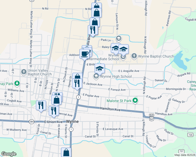 map of restaurants, bars, coffee shops, grocery stores, and more near 849 Eldridge Avenue East in Wynne