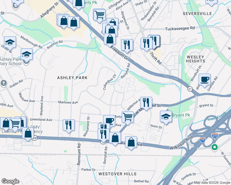 map of restaurants, bars, coffee shops, grocery stores, and more near 1813 Berryhill Road in Charlotte
