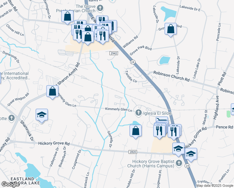 map of restaurants, bars, coffee shops, grocery stores, and more near 5229 Ficus Tree Lane in Charlotte