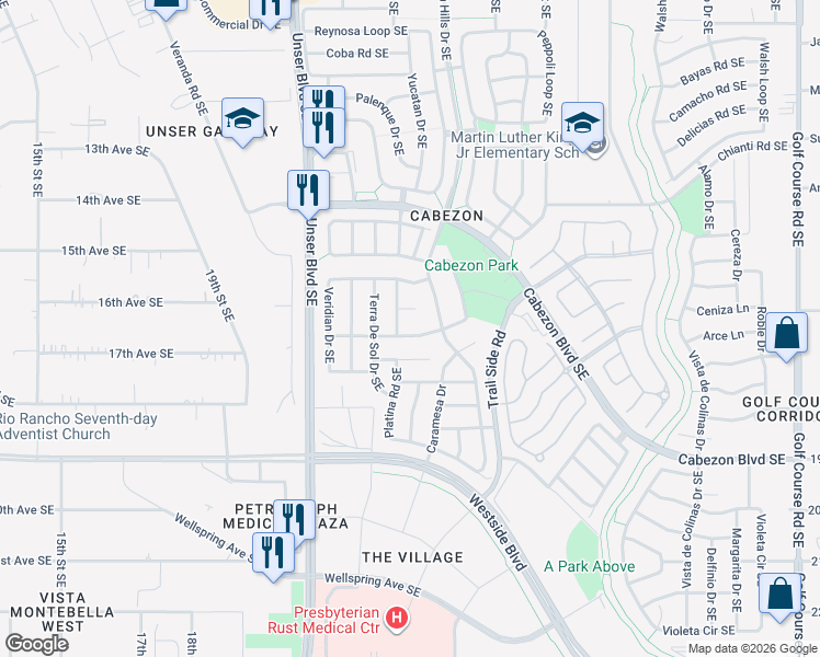 map of restaurants, bars, coffee shops, grocery stores, and more near 2229 Rancho Plata Avenue Southeast in Rio Rancho