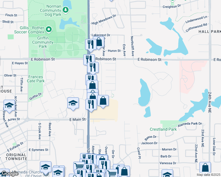 map of restaurants, bars, coffee shops, grocery stores, and more near 1429 Kenwood Drive in Norman