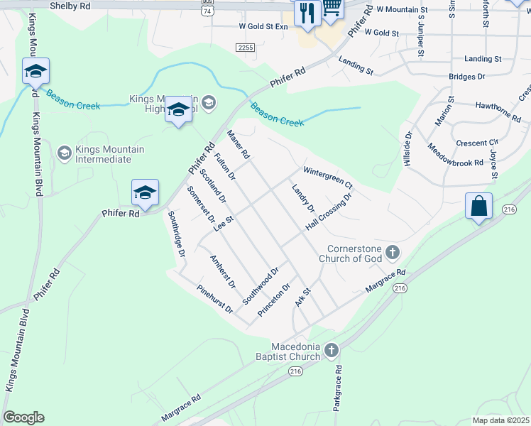 map of restaurants, bars, coffee shops, grocery stores, and more near 308 Fulton Road in Kings Mountain