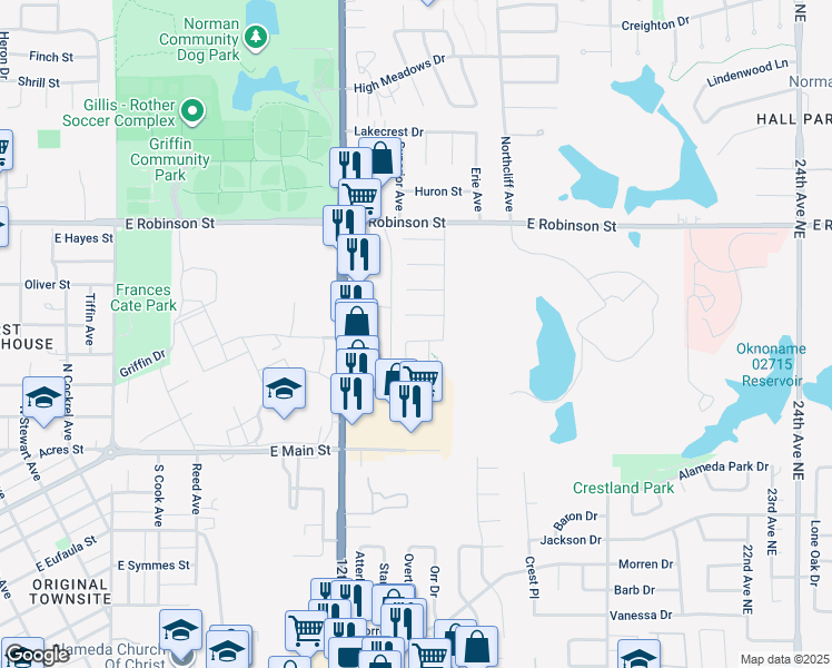 map of restaurants, bars, coffee shops, grocery stores, and more near 1425 Kenwood Drive in Norman