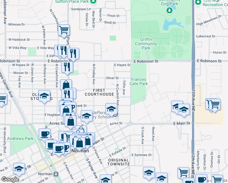 map of restaurants, bars, coffee shops, grocery stores, and more near 716 East Johnson Street in Norman