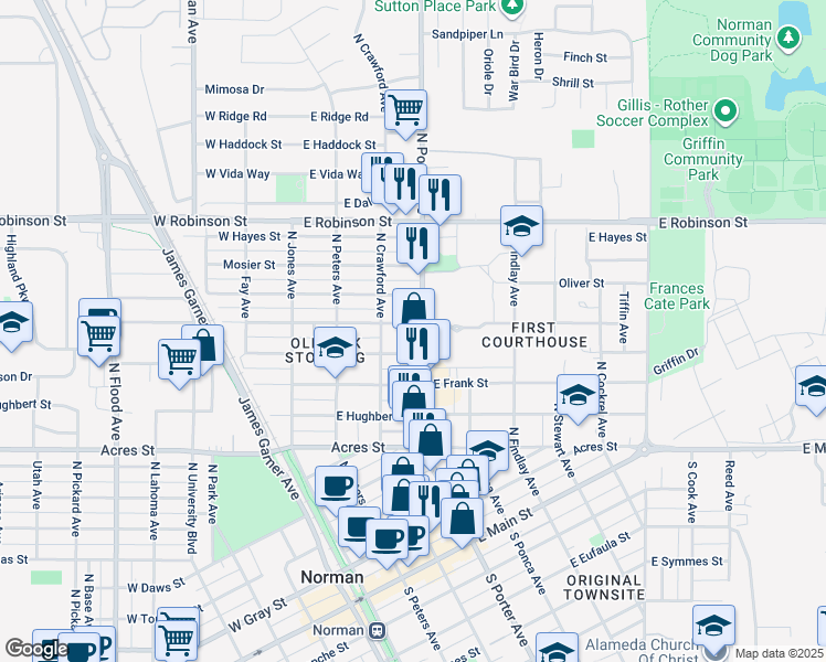 map of restaurants, bars, coffee shops, grocery stores, and more near 808 North Porter Avenue in Norman