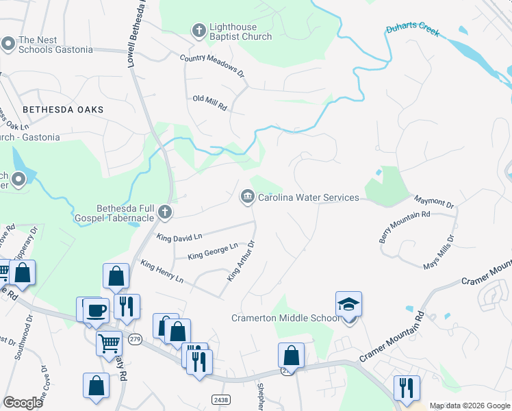 map of restaurants, bars, coffee shops, grocery stores, and more near 336 King David Lane in Gastonia