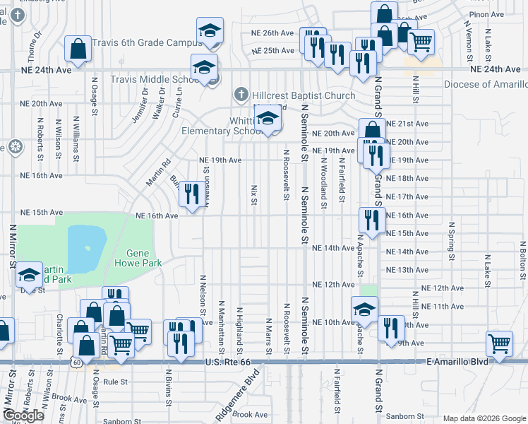 map of restaurants, bars, coffee shops, grocery stores, and more near 1418 N Marrs St in Amarillo