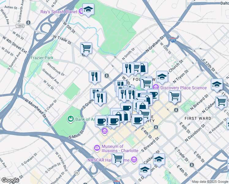 map of restaurants, bars, coffee shops, grocery stores, and more near 401 West Trade Street in Charlotte