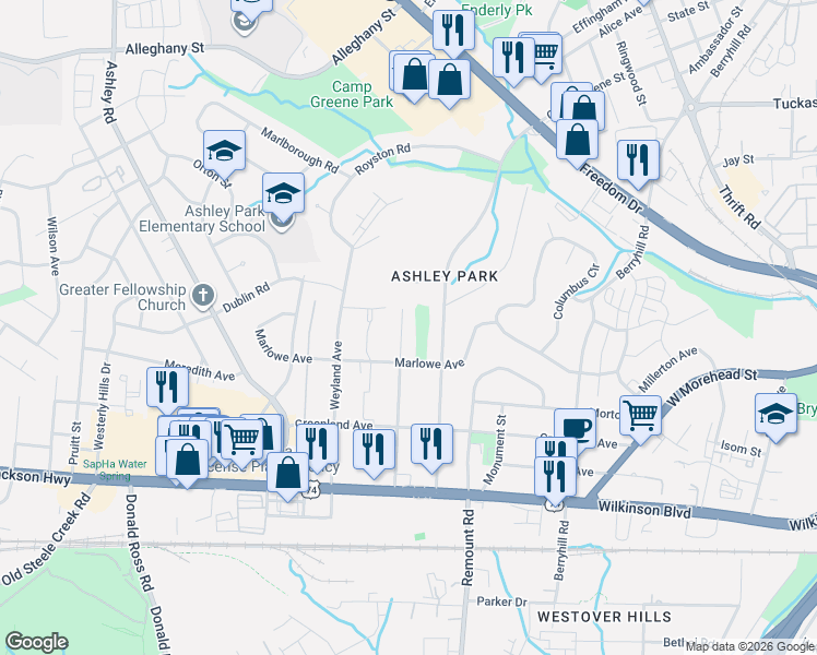 map of restaurants, bars, coffee shops, grocery stores, and more near 2030 Highland Street in Charlotte
