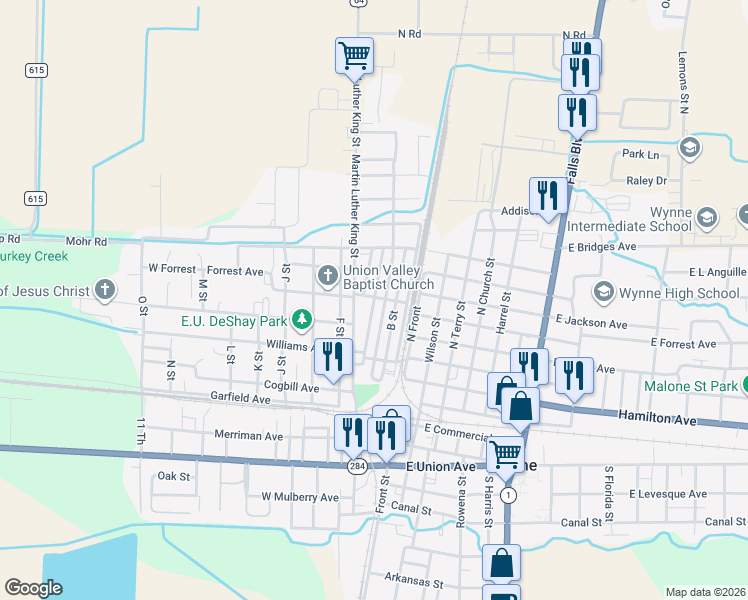 map of restaurants, bars, coffee shops, grocery stores, and more near 661 D Street in Wynne