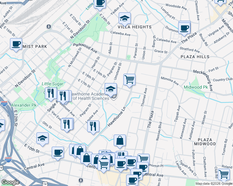 map of restaurants, bars, coffee shops, grocery stores, and more near 1515 Parson Street in Charlotte
