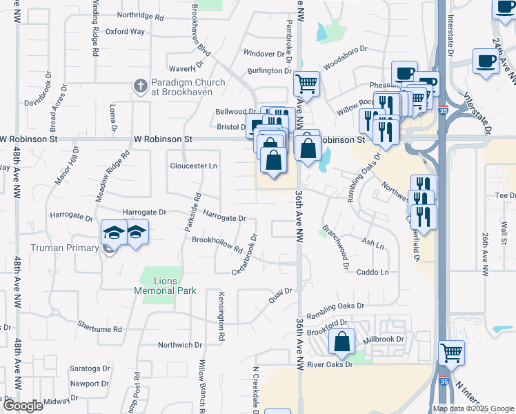 map of restaurants, bars, coffee shops, grocery stores, and more near 3724 Ives Way in Norman