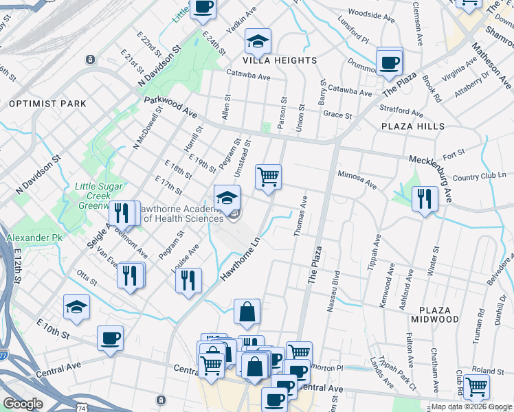 map of restaurants, bars, coffee shops, grocery stores, and more near 1529 Hawthorne Lane in Charlotte