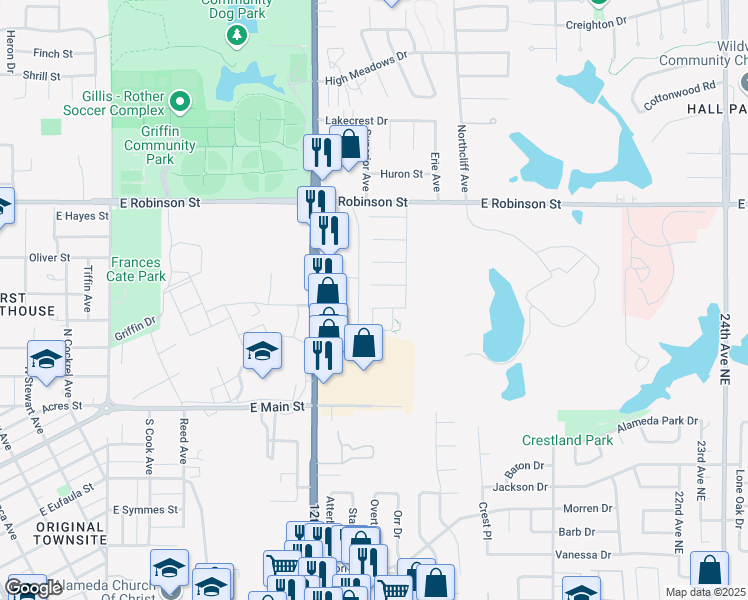 map of restaurants, bars, coffee shops, grocery stores, and more near 1417 Kenwood Drive in Norman