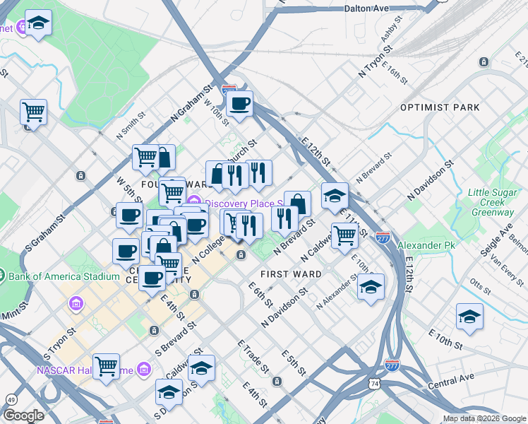 map of restaurants, bars, coffee shops, grocery stores, and more near 512 North College Street in Charlotte