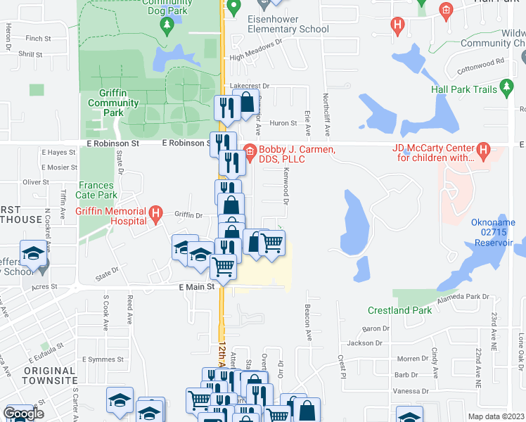 map of restaurants, bars, coffee shops, grocery stores, and more near 1413 Kenwood Drive in Norman