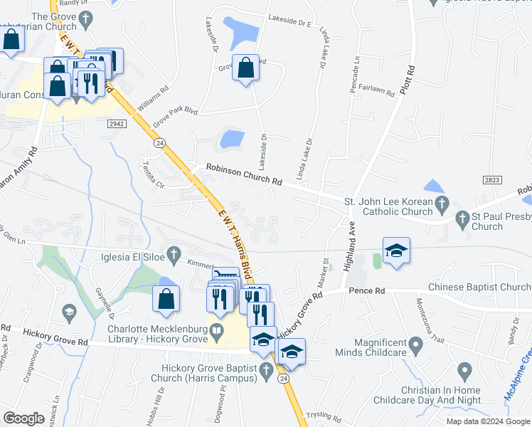 map of restaurants, bars, coffee shops, grocery stores, and more near 6329 Windsor Gate Lane in Charlotte