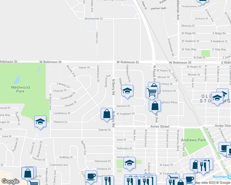 map of restaurants, bars, coffee shops, grocery stores, and more near 909 North Berry Road in Norman