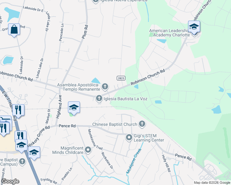map of restaurants, bars, coffee shops, grocery stores, and more near 7214 Robinson Church Road in Charlotte