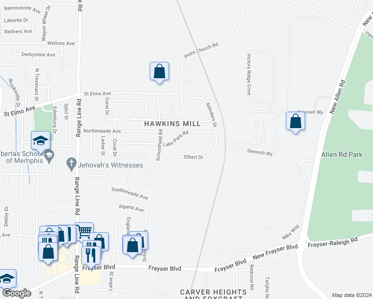 map of restaurants, bars, coffee shops, grocery stores, and more near 3804 Lake Park Cove in Memphis