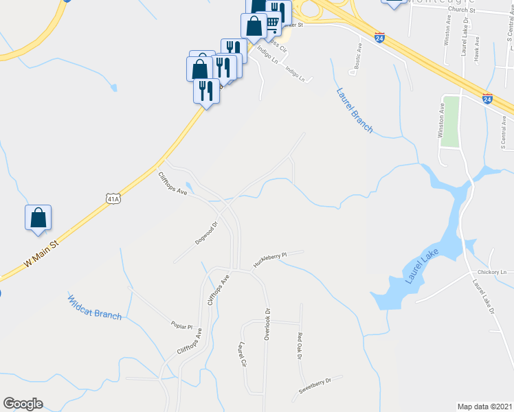 map of restaurants, bars, coffee shops, grocery stores, and more near 750 Dogwood Drive in Monteagle