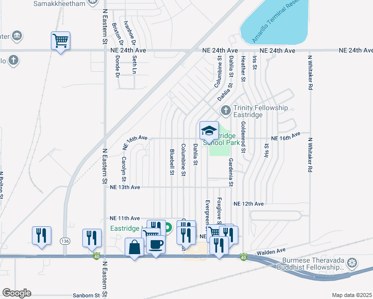 map of restaurants, bars, coffee shops, grocery stores, and more near 1324 Columbine St in Amarillo