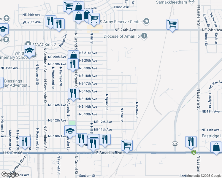 map of restaurants, bars, coffee shops, grocery stores, and more near 4016 Northeast 16th Avenue in Amarillo