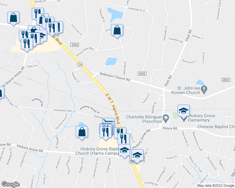 map of restaurants, bars, coffee shops, grocery stores, and more near 6212 Windsor Gate Lane in Charlotte